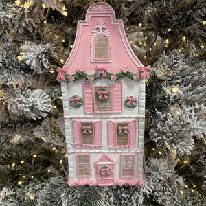 Christmas Victorian Pink White Led Light Up Townhouse 12" Village Shabby Chic